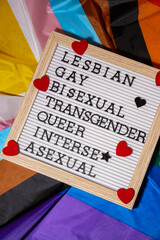 LGBTQIA description frame on Rainbow LGBTQIA flag made from silk material. LESBIAN, GAY, BISEXUAL,...