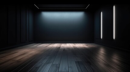 A shadow from a window in an empty room with black walls. Design and interior of the room. Generative AI