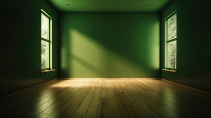 A shadow from a window in an empty room with green walls. Design and interior of the room. Generative AI