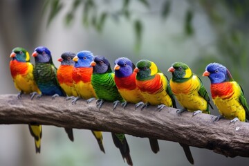 row of colorful birds perched on tree branch, created with generative ai