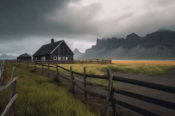 Fototapeta na wymiar illustration, a gloomy view of an old wooden ranch, ai generative