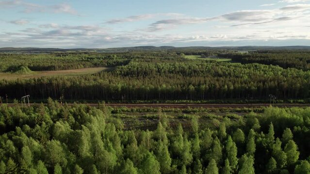 Aerial View of Empty Railway in a Swedish Landscape in Sunset
