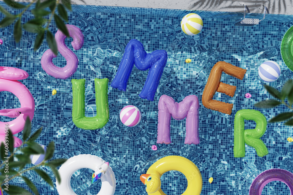 Fototapete 3d rendering photo collage summer concept crystal clean clear poolside water with floating summer le