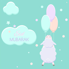 Card for Eid Mubarak, for Muslim festival with sheep flying in the sky. Invitation, congratulation, baby, child vector illustration.