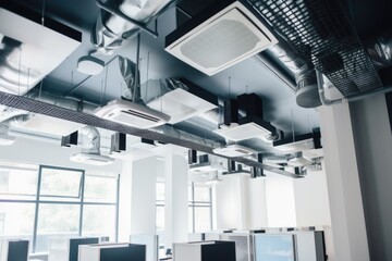 ventilation and exhaust system in modern office space, with sleek metal vents and stylish fans, created with generative ai