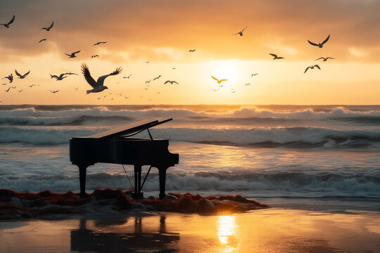 Grand piano sitting on beach ay sunset with waves crashing coast and flock of birds. AI generated