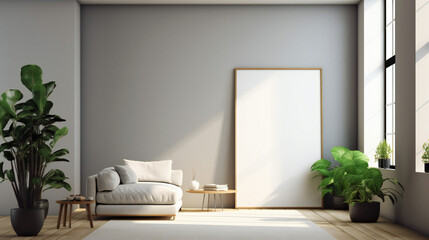 Modern Interior Design with Blank Mockup Frame Poster, 3D Render, 3D Illustration