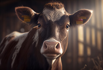 illustration of sad farm cow close up portrait on on dairy farm. ai