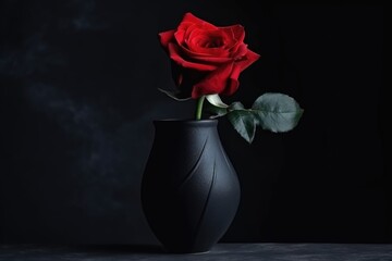 Fototapeta premium red rose in a black vase on a dark background, created with generative ai