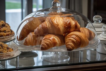 homemade croissants and pastries displayed on glass cake stand, created with generative ai