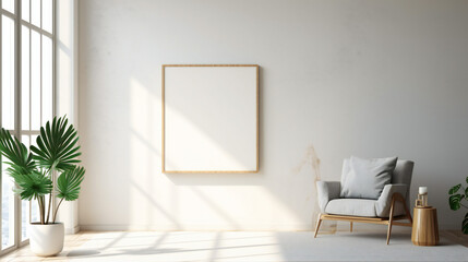 Modern Interior Design with Blank Mockup Frame Poster, 3D Render, 3D Illustration