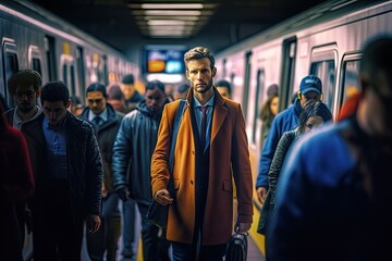 Commuters standing in a crowded subway station during rush hour. Generative ai.