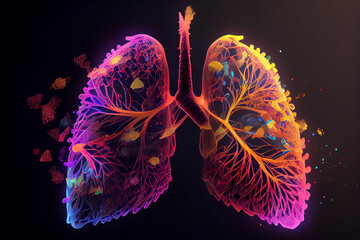 illustration of human lungs and bacteria infect the organ in neon colors. AI