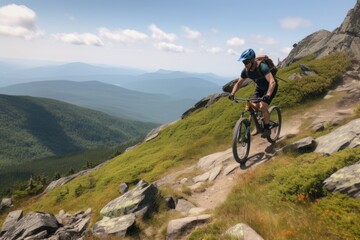 Fototapeta premium mountain biker ascending steep and rocky trail, with view of the valley below, created with generative ai
