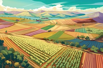 Fields of crops stretch towards distant hills. Generative AI