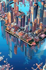 City skyline reflects over the calm harbor. Generative AI