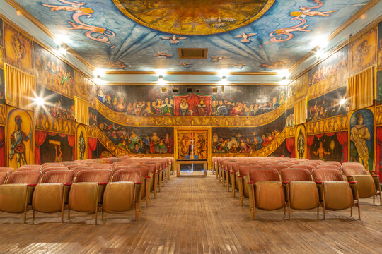 inside the beautiful Amargosa Opera House painted by actor Martha Becket over jears in Death Valley Junction, USA
