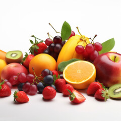 Naklejka na ściany i meble A variety of colorful summer fruits, apples, oranges, grapes and berries on a white background, Generative AI, generative artificial intelligence
