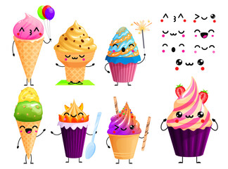 Vector cartoon icecream characters, cute and funny faces, isolated on white background