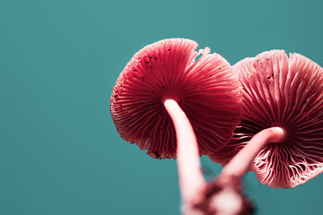 Wild small forest poisonous pink mushrooms on a turquoise background, soft selective focus, toned. Hallucinogenic mushrooms.