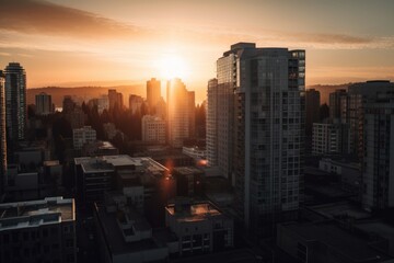 modern high-rise building, with the sun setting behind it, against the skyline of a bustling city, created with generative ai