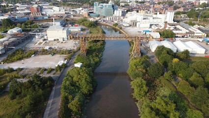 Beautiful aerial view of the transporter bridge over the river Mersey in Warrington