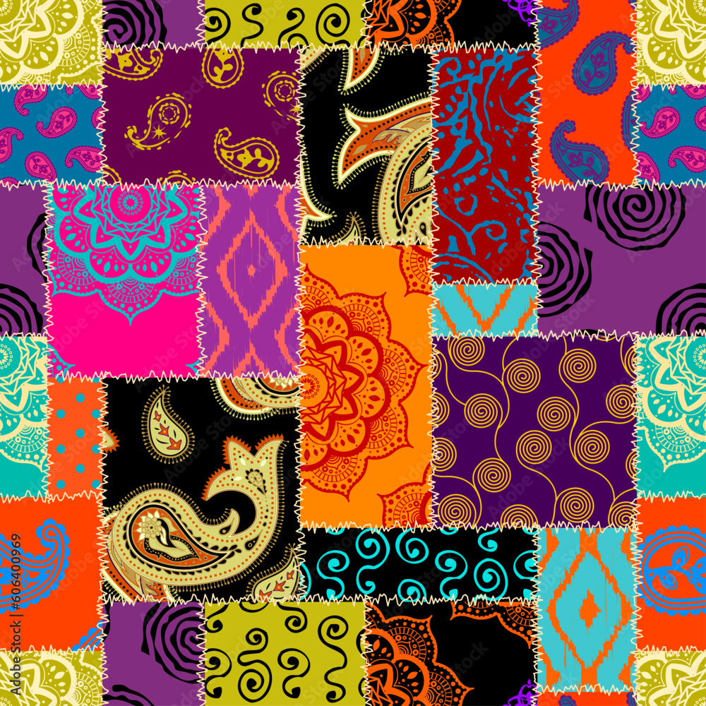 Poster textille patchwork pattern. seamless vector image. bright tribal patchwork.