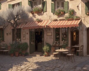 Fototapeta na wymiar Painting of an mediterran street cafe volume one created with generative ai, ki