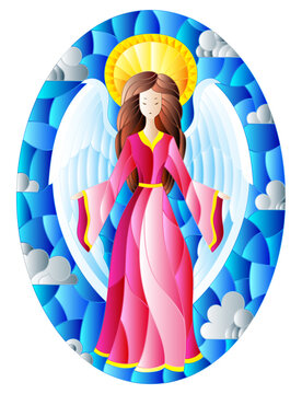 Illustration in stained glass style with girl angel in pink dress on background of sky and clouds, oval image
