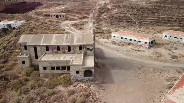 Aerial of an abandoned leper colony, sanatorium and army base in Abades, Tenerife in Spain