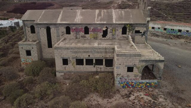 Aerial of an abandoned leper colony, sanatorium and army base in Abades, Tenerife in Spain