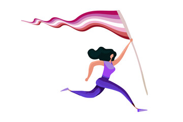 Running Woman holds a lesbian flag isolated on white background. Vector illustration