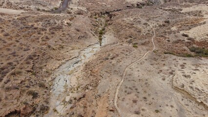 Seasonal watercourse during the dry season in Tenerife, Canary Islands, Spain, aerial