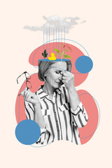 Vertical collage of retired woman touch nose mood pressure spasm head absurd swimming rubber duck...