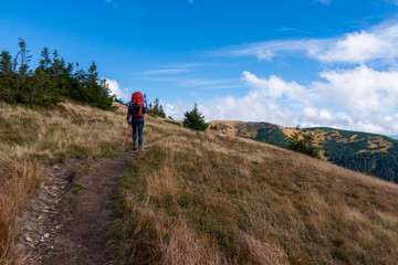 Fototapeta premium Hiking in Low Tatras mountains. Woman Traveler with Backpack hiking in the Mountains. mountaineering sport lifestyle concept in Slovakia