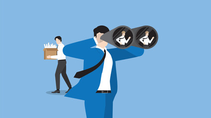 ฺHR businessman uses binoculars to find a candidate for a resigned or fired company employee. Headhunting, Human Resource, job vacancy, Recruitment, hiring, employment, and career opportunity concept.
