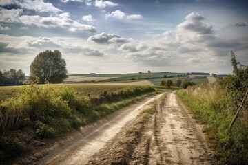 country road, with fields and farms visible in the distance, created with generative ai