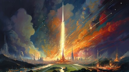Illustration of starting space rocket with smoke clouds. Generative AI