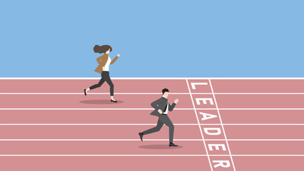 Business competition concept. Businessmnn and businesswoman
 run on a race track to win at the LEADER finish line. Ambition, work hard, target, goal, contest challenge, and career performance concept.