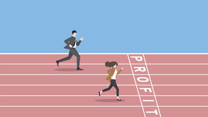 Business competition concept. Businessmnn and businesswoman
 run on a race track to win at the PROFIT finish line. Ambition, work hard, target, goal, contest challenge, and career performance concept.