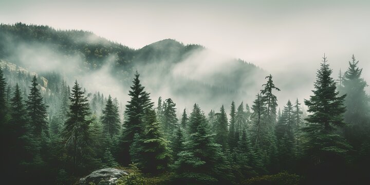 AI Generated. AI Generative. Photo realistic illustration of mountains forest fog morning mystic. Graphic Art