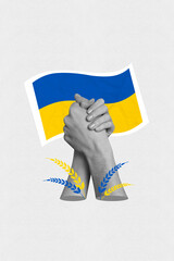 Poster banner activist collage of two people hands showing helping sign symbolize world global help...