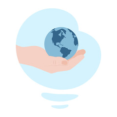 Globe in the palm of your hand. The concept of care and respect for the earth. Caring for the environment. Vector illustration isolated on white background.