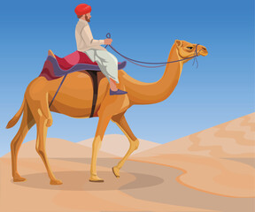 Camel rider wearing traditional colorful clothes in a desert