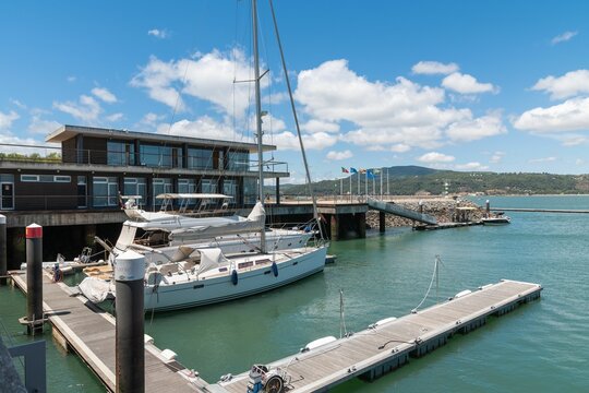 Shot of several boats moored at the marina of Troia on the Troia Peninsula, Portugal