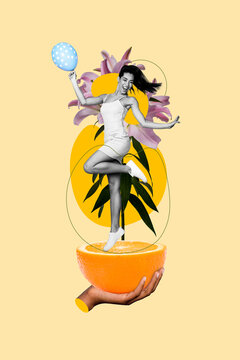 Creative collage photo artwork of young careless girl dancing have fun hold air balloon half orange fruit isolated on yellow background