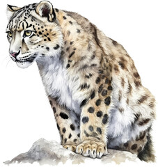 Fototapeta na wymiar Beautiful Watercolor Illustration of the endangered Snow Leopard with transparent background