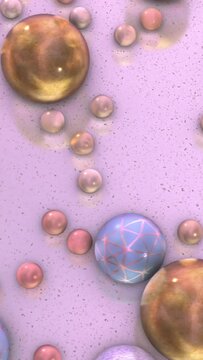 Spheres 3D render. Loop section from 18:00 to 40:00. Abstract rolling balls animation. Pastel pink, blue, gold colors. Vertical video.