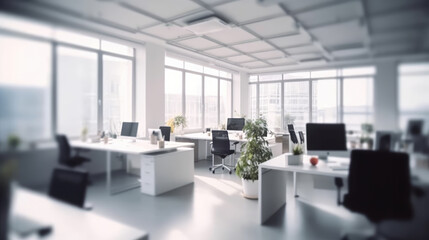 Fototapeta na wymiar Office interior in the morning, cozy bright workplace with cityscape, background for business presentation, generative ai