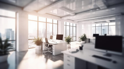 Fototapeta na wymiar Office interior in the morning, cozy bright workplace with cityscape, background for business presentation, generative ai